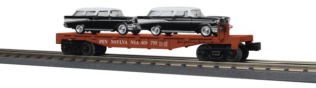MTH # 30-76873 Pennsylvania Flat Car w (2) '57 Chevy Nomands