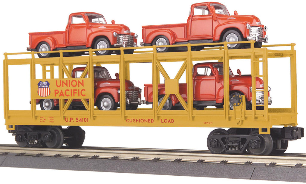 MTH # 30-76065 UP Auto Carrier Flat Car w/4 '53 Ford Pick Ups