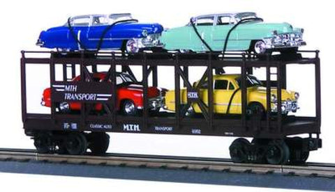 MTH # 30-7628 AUTO TRANSPORT AUTO CARRIER w/ERTL '52 CADILLAC & '49 FORD COUPE