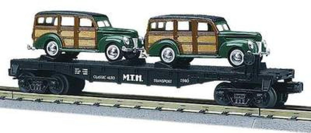 MTH # 30-7662 AutoTransport Flatcar w/Ertl '40 Woody Wagons