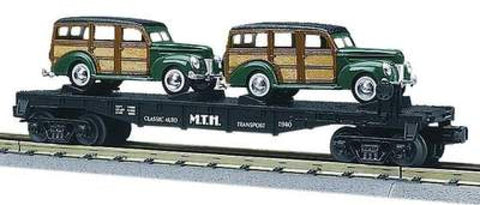 MTH # 30-7662 AutoTransport Flatcar w/Ertl '40 Woody Wagons