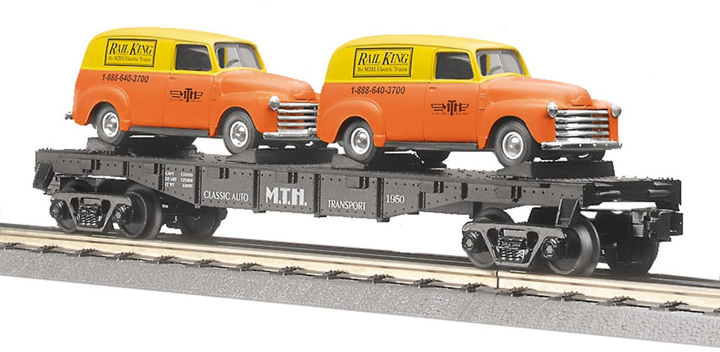 MTH # 30-7681 MTH Transport Flat Car w/ERTL '51 Panel Vans