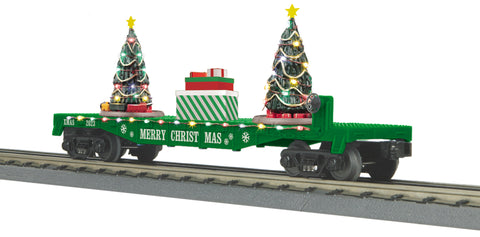 MTH # 30-76864 Christmas (Green) Flat Car W/ Lighted Christmas Trees