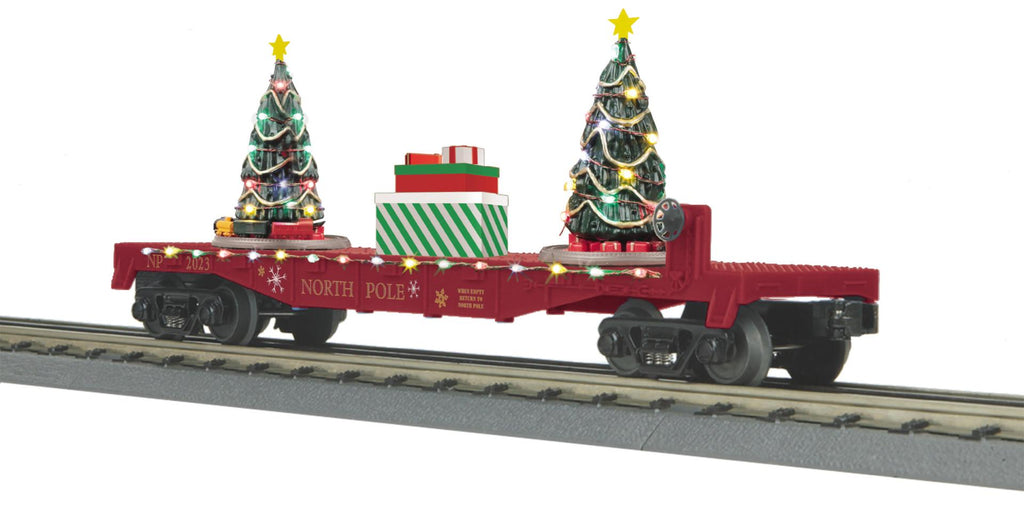 MTH # 30-76867 North Pole (Maroon) Flat Car w/Lighted Christmas Trees