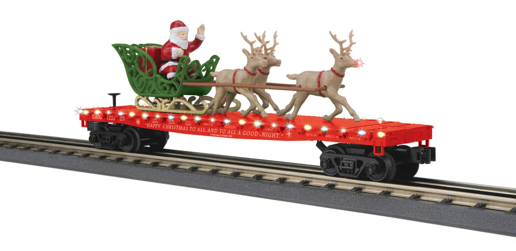 MTH # 30-76939 Christmas/Red Flat Car w/LED Lights, Santa Sleigh & Reindeer