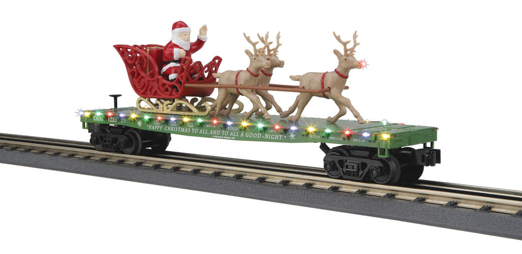 MTH # 30-76940 Christmas /Green Flat Car w/LED Lights Santa Sleigh & Reindeer