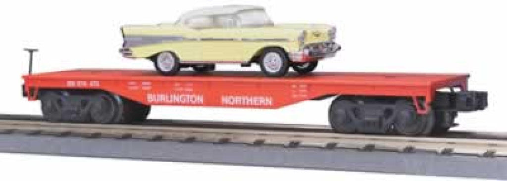MTH # 33-7604 BurlingtonFlat with road Legends 1957 Chevy