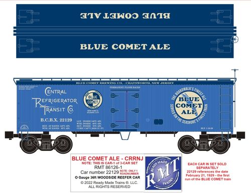RMT # 861261Blue Comet Beer 36ft Wood Side Reefer Car
