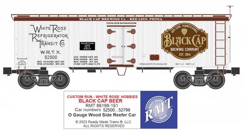 RMT # 86199-151 BLACK CAP BEER 36ft WOOD SIDE REEFER CAR/BREWED IN YORK PA /CUSTOM RUN -WHITE ROSE HOBBIES