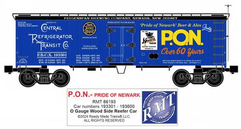 RMT # 86193 P.O.N.- Pride Of Newark Beer 36ft Wood Side Reefer Car