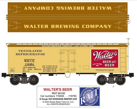 RMT # 86192 WALTER'S BEER 36ft WOOD SIDE REEFER CAR