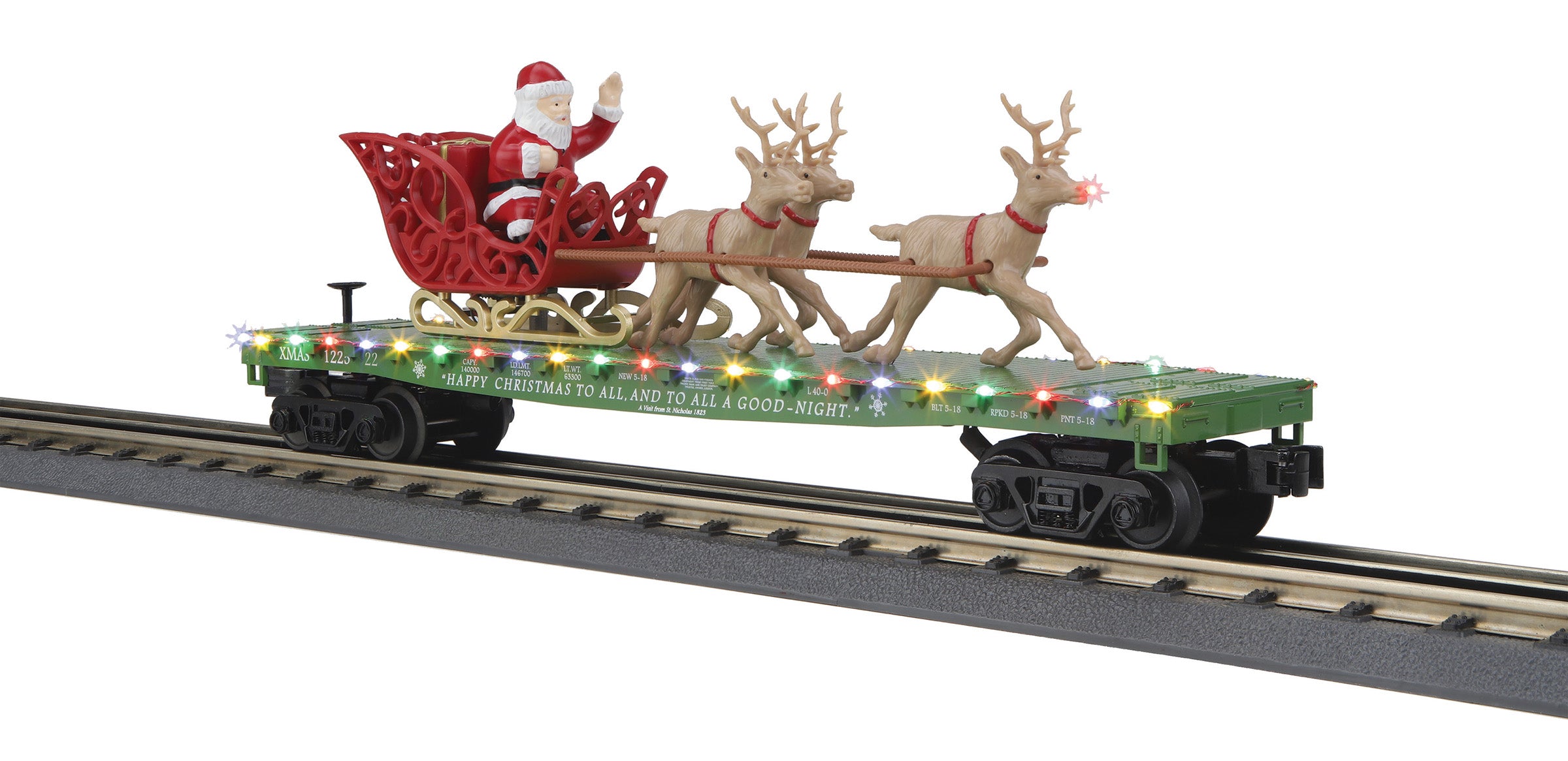 MTH # 30-76860 Christmas Flatcar W/Santa Sleigh & Reindeer /Green
