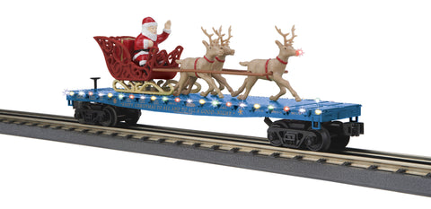 MTH # 30-76863 Christmas Flatcar W/Santa Sleigh & Reindeer North Pole