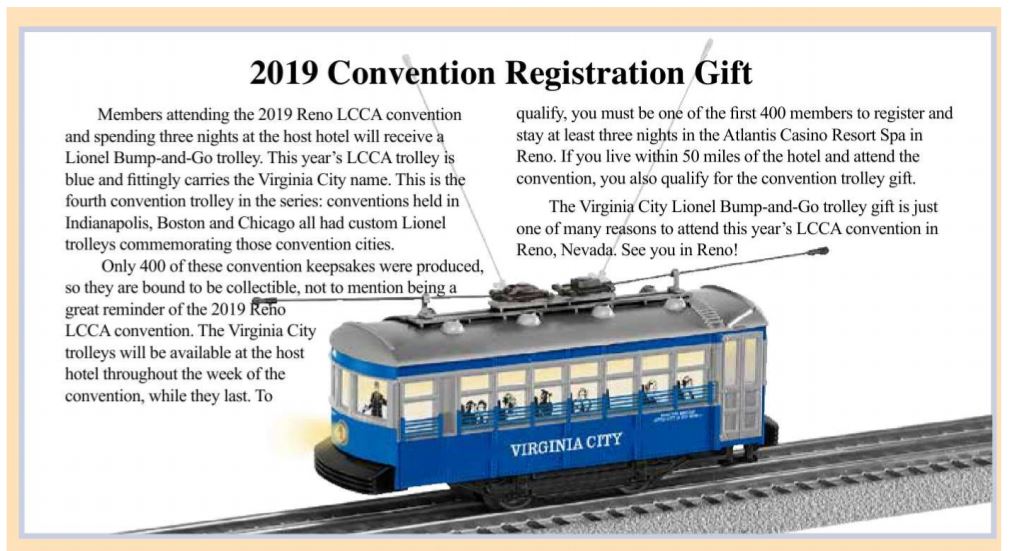 Lionel # 58047 LCCA 2019 Reno Convention Registration Trolley